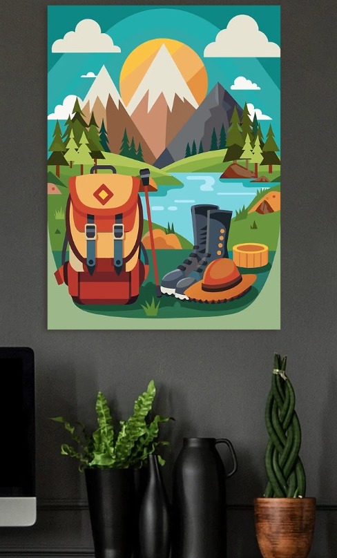 Hiking Adventure Scene — metal poster wall art by Lineer